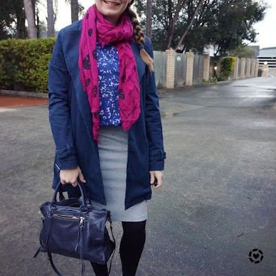 awayfromblue instagram | alexander mcqueen skull scarf navy printed blouse grey jersey pencil skirt winter outfit