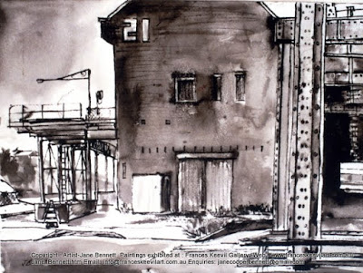 Plein air ink painting of  Jones Bay Wharf by industrial heritage artist Jane Bennett