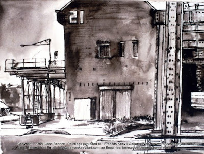 Plein air ink painting of Jones Bay Wharf by industrial heritage artist Jane Bennett Plein air ink painting of Jones Bay Wharf by industrial heritage artist Jane Bennett