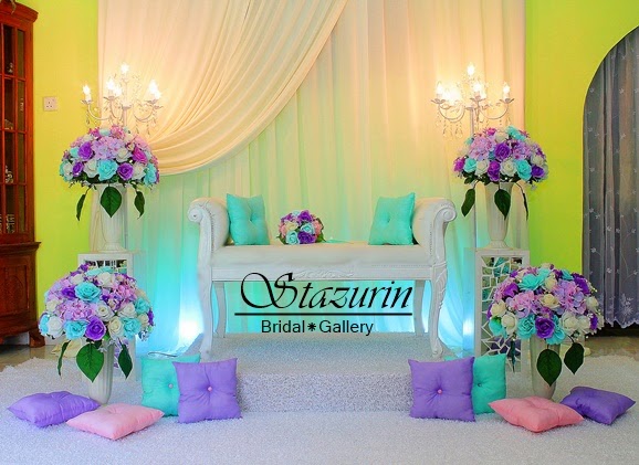 Pelamin Tunang/Nikah Tirai Eksklusif Warna Tiffany Mint Green+Lilac Purple+Cream+Bangku Kerusi