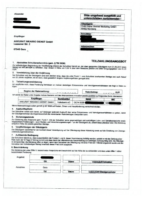 Ovm Online Vertrieb Marketing Gmbh Akkurat Inkasso Dienst GmbH Forderung für OVM Online Vertrieb Marketing