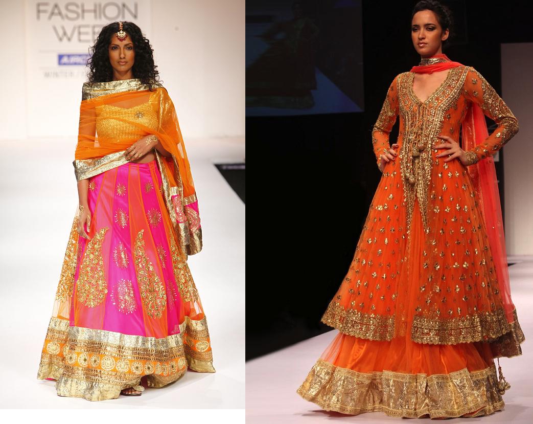 Orange and Pinkk: Mehndi and Sangeet Lehenga Inspirations