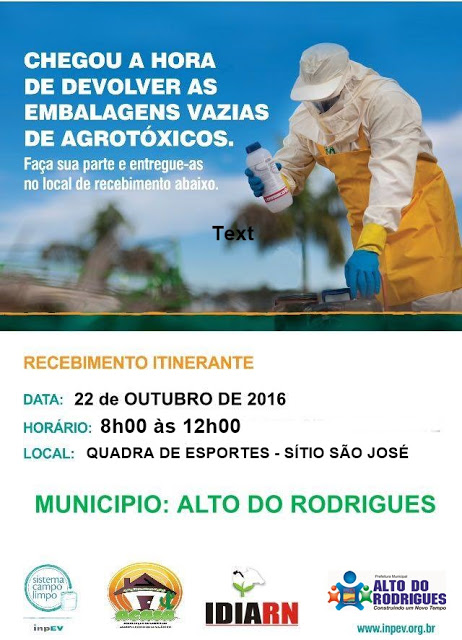 Alto do Rodrigues: Ação de coleta de embalagens de produtos agrotóxicos sofre alteração e acontecerá dias 21 e 22