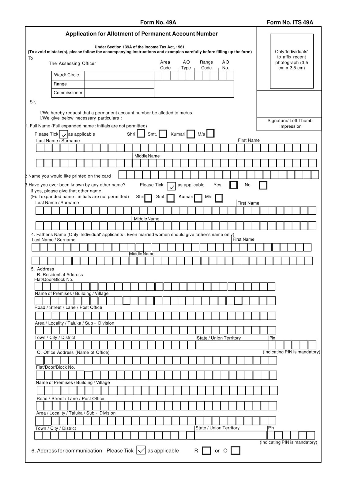 Forms19 PAN card Application form
