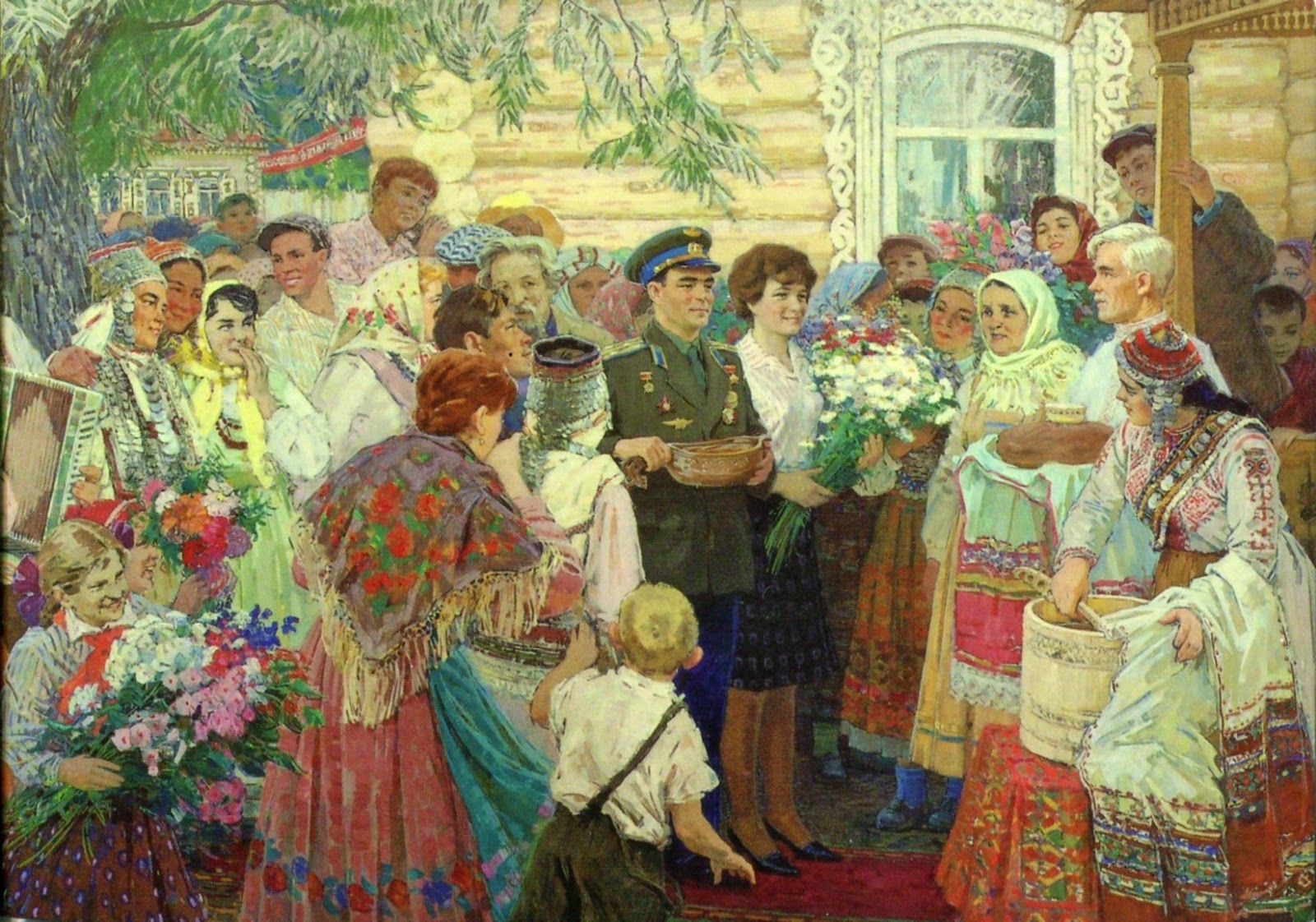 Изображена веселая деревенская свадьба. Овчинников Чувашский художник картины.