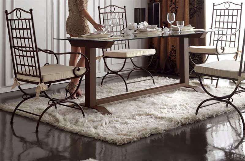 mesa forja y cristal, mesa acero salon, mesa comedor forja