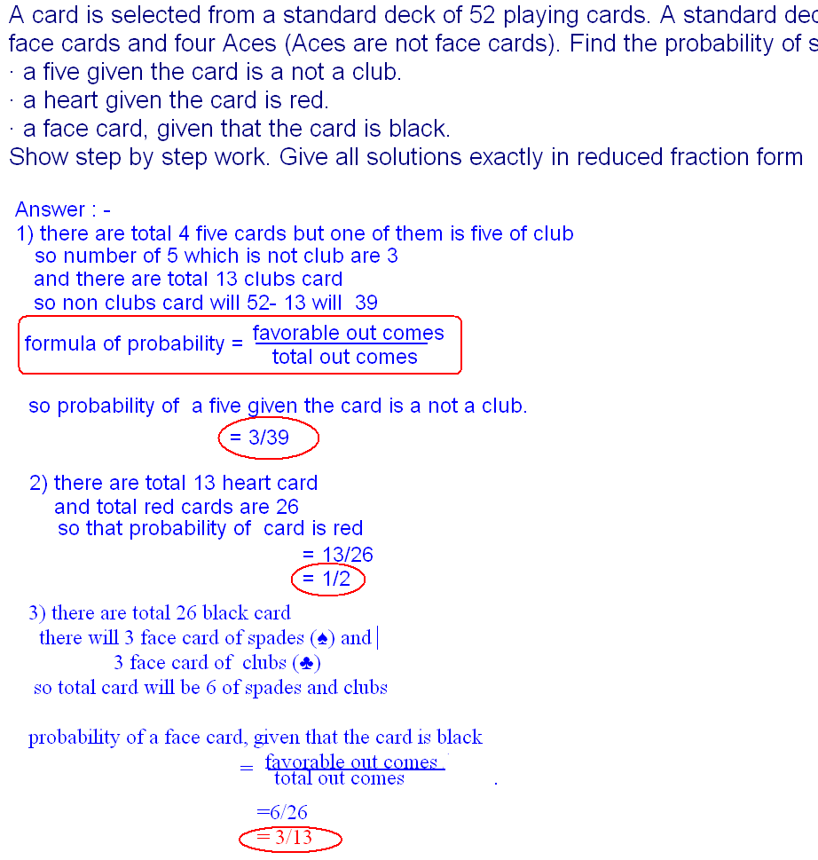 Free Online Help: A card is selected from a standard deck of 52 playing
