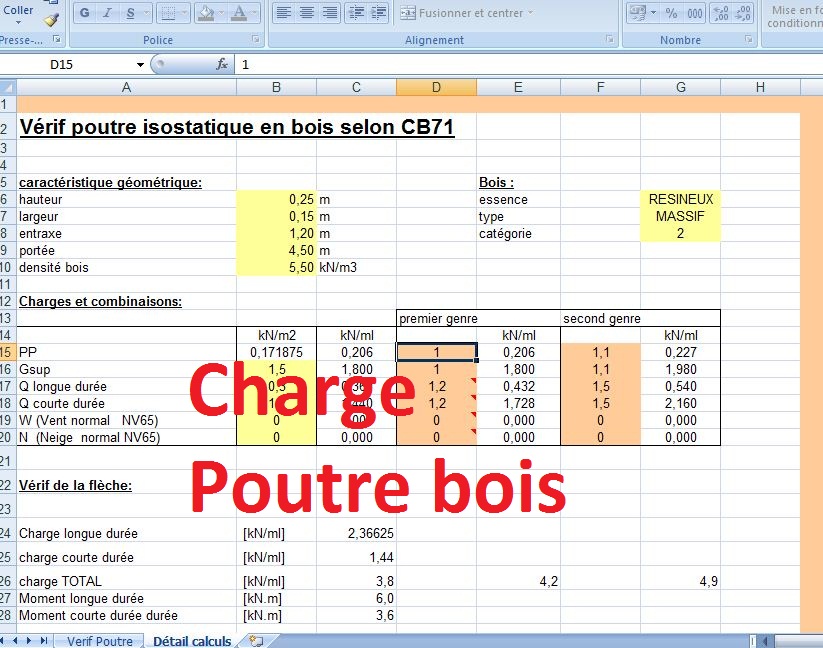 Calcul charge poutre bois Excel Cours génie civil