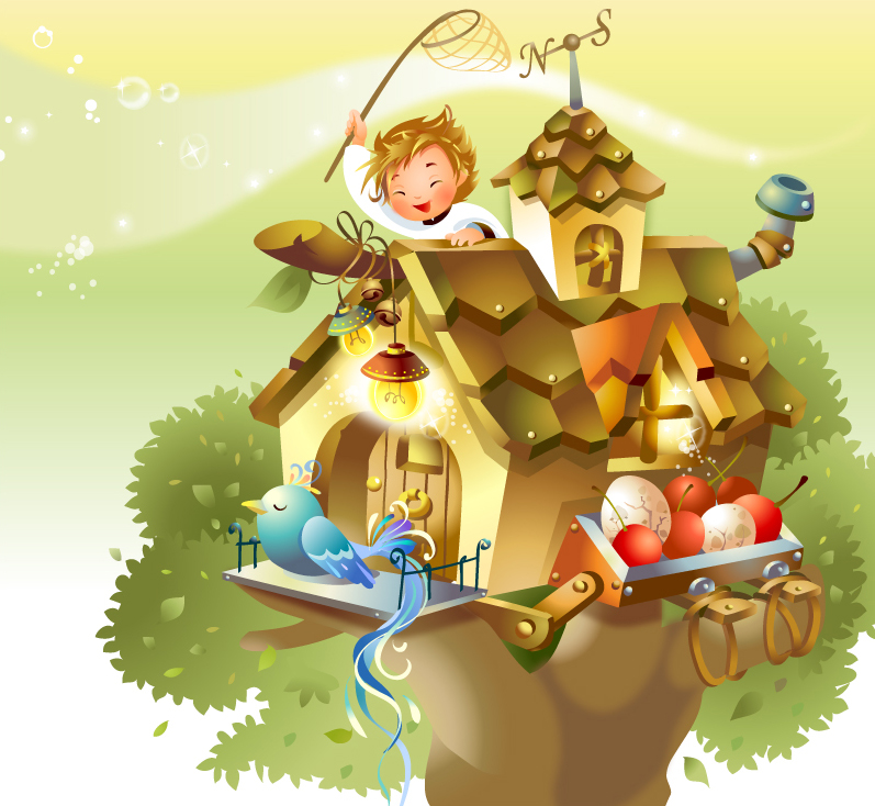 鳥のお家で子供が遊ぶイラスト house cartoon characters a small tree イラスト素材