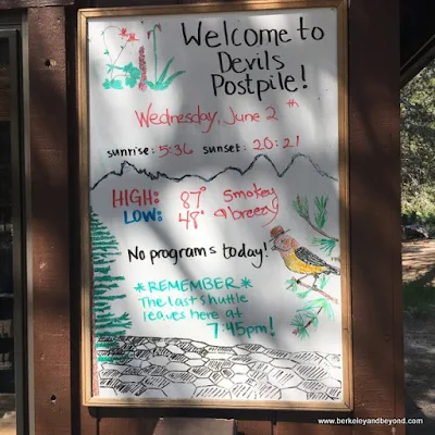 welcome sign at ranger station cabin at Devils Postpile National Monument in Mammoth Lakes, California