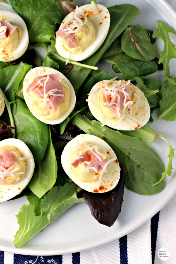 Ham and Swiss Deviled Eggs | by Renee's Kitchen Adventures - recipe for flavorful ham and cheese deviled eggs that make a great appetizer! #SundaySupper #RKArecipes 