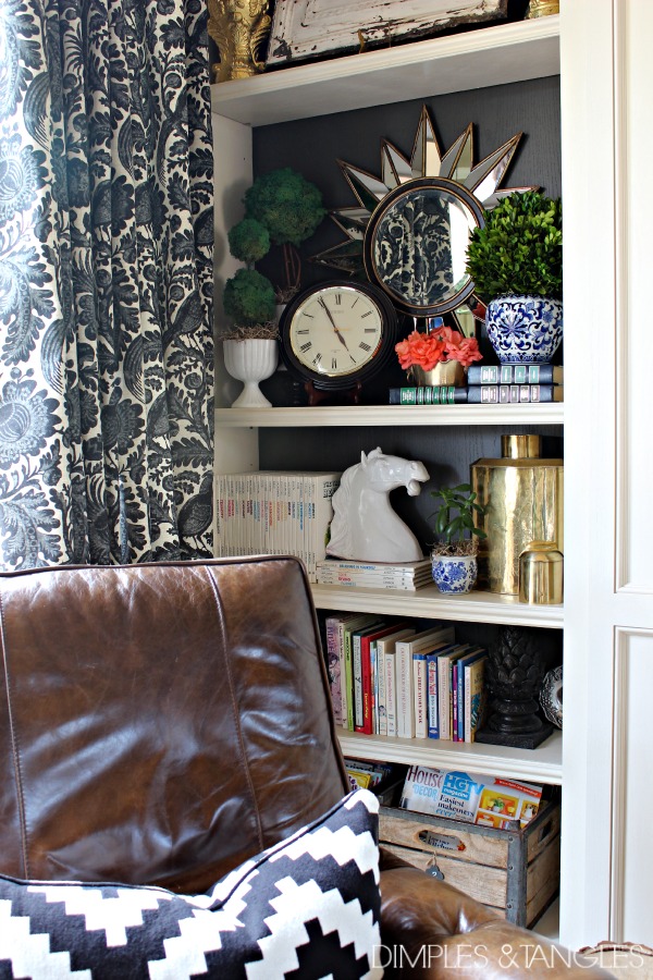 Sherwin Williams Urbane Bronze, bookshelf styling, bookcase painted backs, waverly Williamsburg fabric