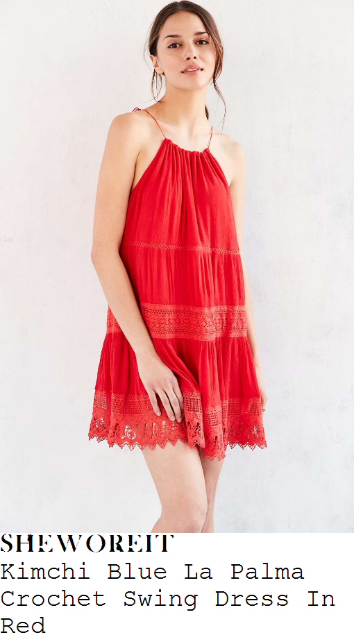 caroline-flack-kimchi-blue-la-palma-bright-coral-red-sleeveless-tassel-strap-detail-gathered-neckline-crochet-lace-panel-textured-swing-mini-dress