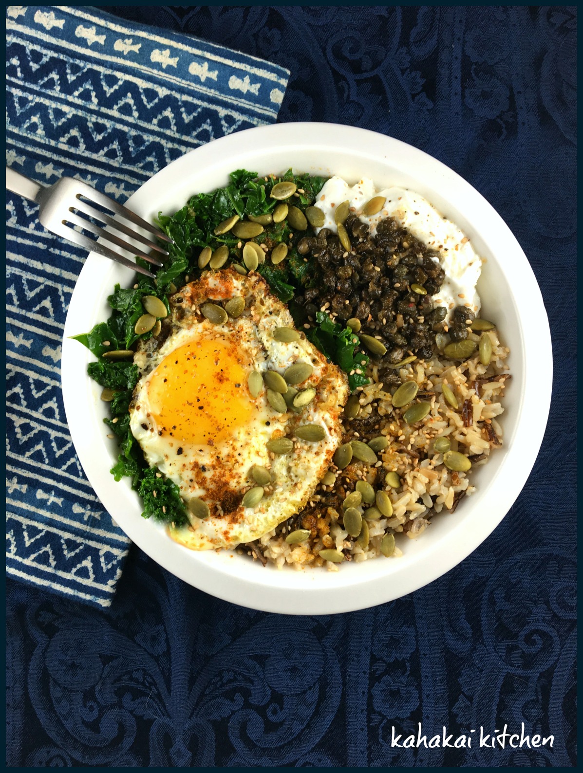 Kahakai Kitchen Kale Rice Bowl with Egg and Fried Capers