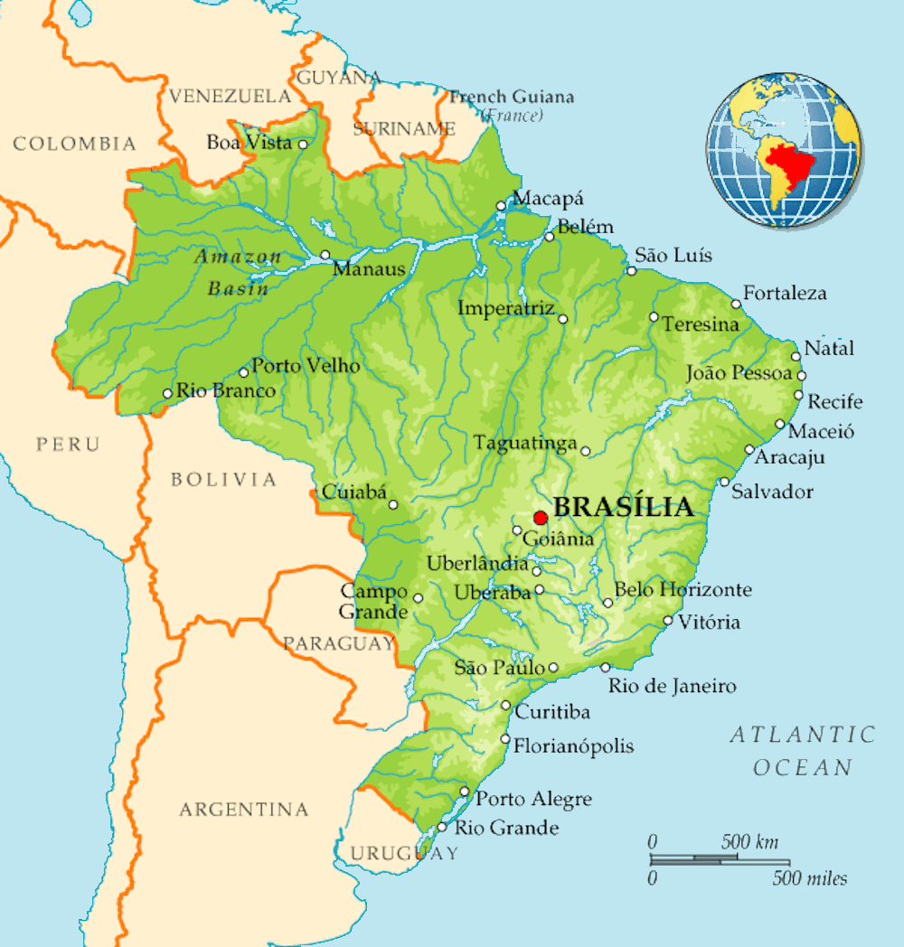 Столица бразилии на политической карте. Карта Бразилии географическая. Столица Бразилии на карте Бразилии.