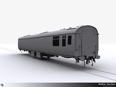 Fastline Simulation - Bullion Carriers: An in development render of the NWX Bullion Van for Train Simulator 2013. The left hand side viewed from the saloon end showing the completed underframe equipment.