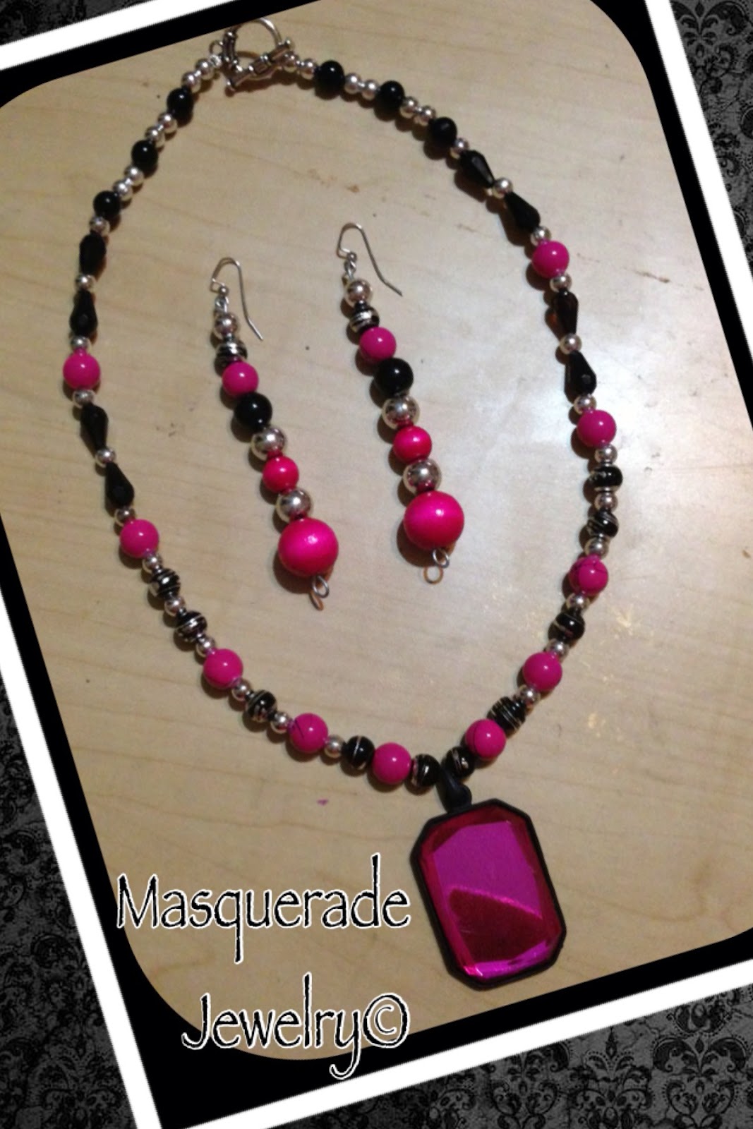 Masquerade Jewelry Pink and Black Pendant Necklace DISCOUNTED
