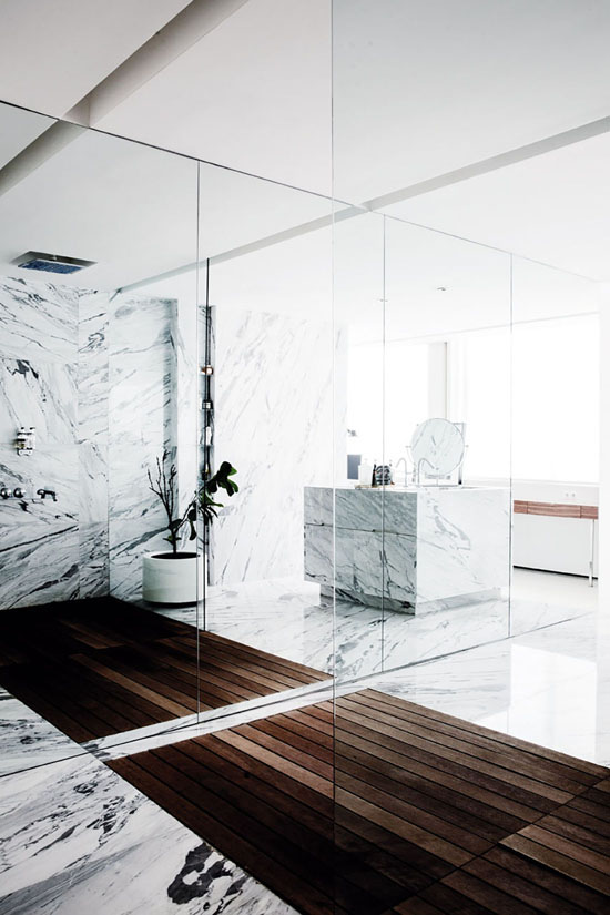 Impressive marble and wood combination in the house of Merve and Sefer Caglar in Istanbul via Milk Magazine (found via coco lapine design).