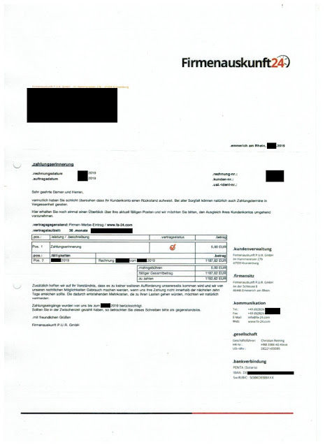 Scan: Zahlungserinnerung Firmenauskunft 24 / Feb 2019