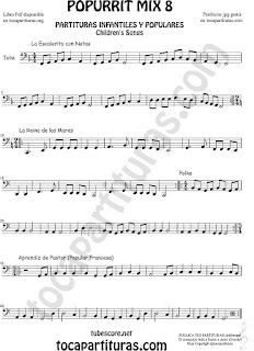  Mix 8 Partitura de Tuba Elicón (o Bajo Metal) La Escaleritas con Notas, La Reina de los Mares, Polka Popurrí 8 Sheet Music for Tuba Music Scores