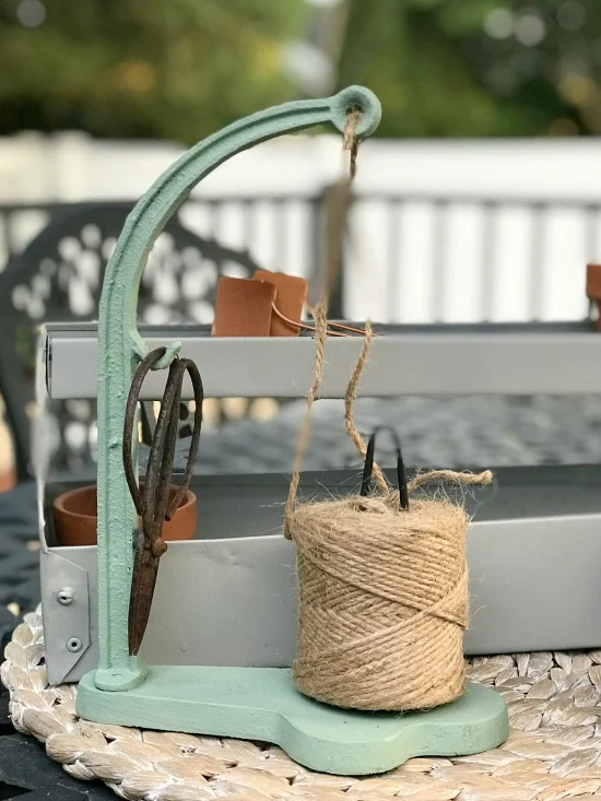 Vintage string holder for the garden with green paint