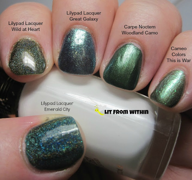 Lilypad Lacquer in Emerald City, Wild at Heart, and Great Galaxy, followed by Carpe Noctem Woodland Camo and Cameo Colors Lacquer This Is War