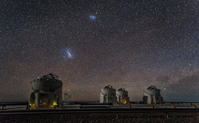 Large Magellanic Cloud Galaxy & Small Magellanic Cloud Galaxy seen over Auxiliary Telescopes of the VLT Array at ESO's Paranal Observatory