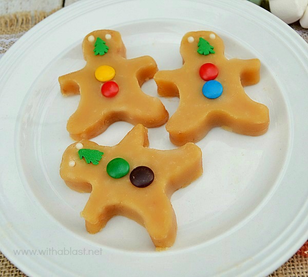 Old-Fashioned Fudge ~ These Melt-in-the-Mouth, buttery Old-Fashioned Fudge shaped and decorated as Gingerbread Men is the perfect edible gift to just about any Fudge/Candy lover ! No thermometer needed ! #Fudge www.withablast.net