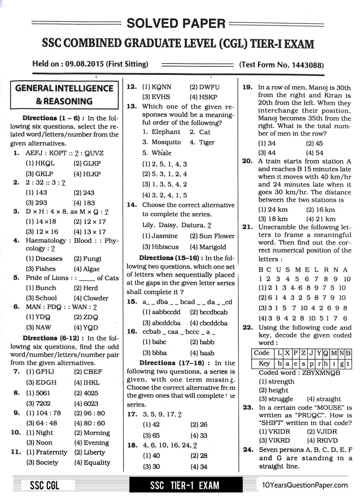 SSC 2015 solved CGL Question Paper SSC 2015 CGL Question Paper