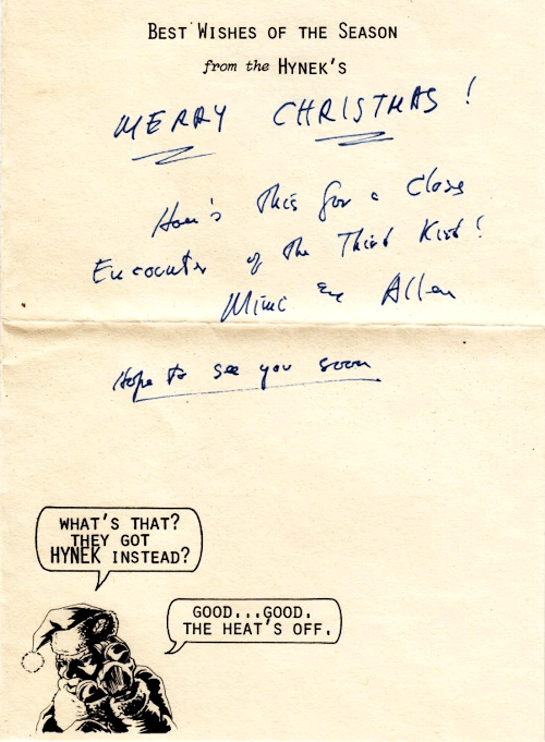 Rare UFO Xmas Card from J. Allen Hynek to Henry McKay (Back of Card)