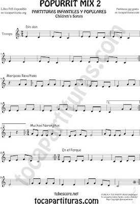  Mix 2 Partitura de Trompa y Corno Francés en Mi bemol Popurrí Mix 2 Din Don, Mariposa Revoltosa, Muchas Naranjitas Sheet Music for French Horn Music Scores