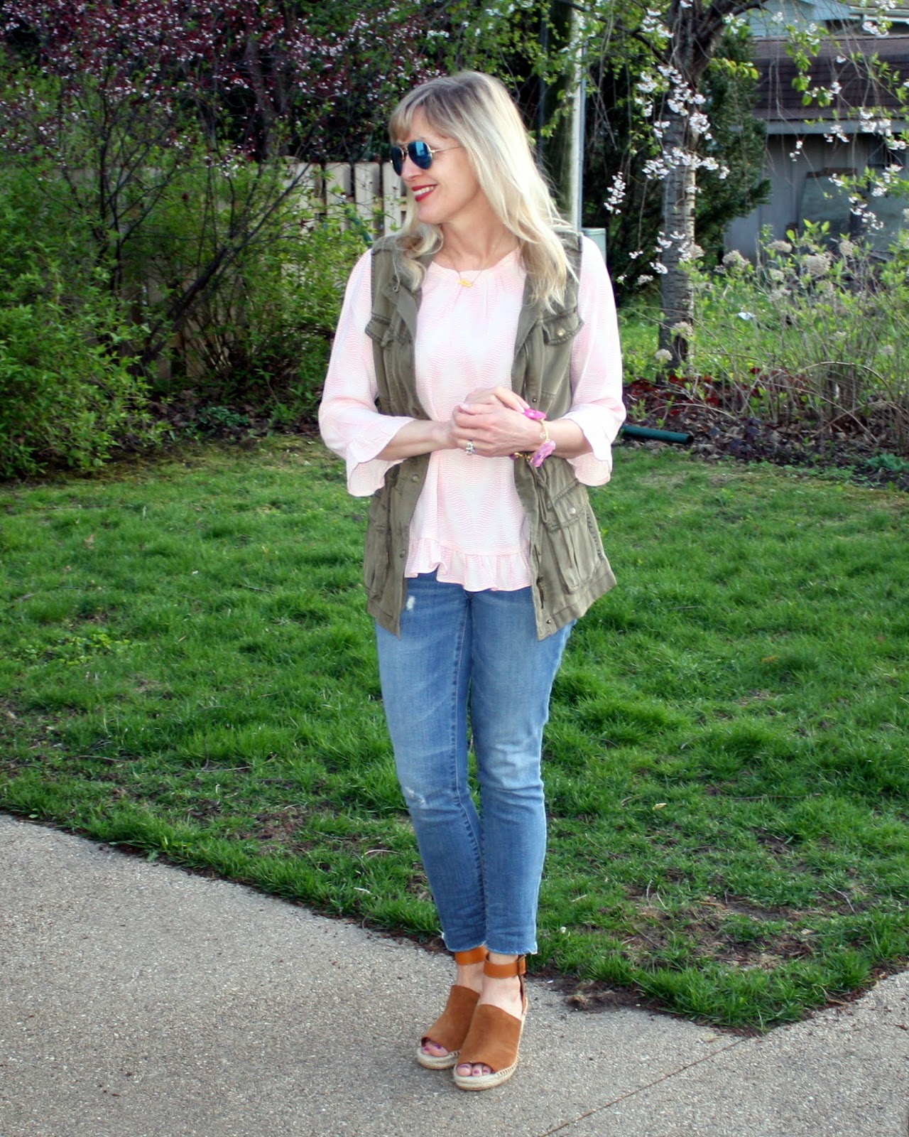 blush top + olive vest