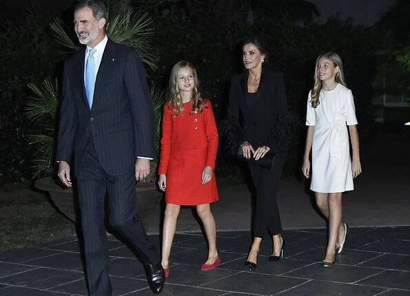 Queen Letizia wore Pertegaz suit, blazer and trousers. Crown Princess Leonor wore and red gold button blazer and skirt, Sofia wore white dress