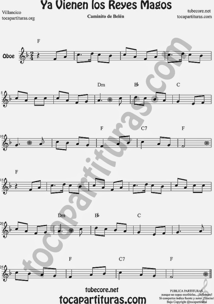  Ya vienen los Reyes Magos Partitura de Oboe Sheet Music for Oboe Music Score Carol Christmas song