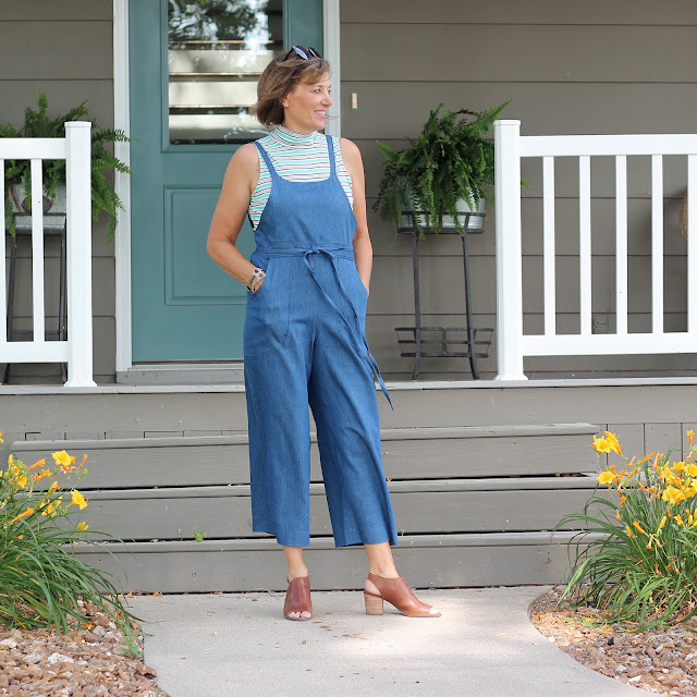 Sew House Seven's Burnside Bibs made from Style Maker Fabrics' Tencel Denim