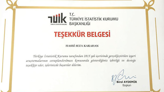 Türkiye İstatistik Kurumu Başkanlığı / Teşekkür Belgesi Türkiye İstatistik Kurumu Başkanlığı / Teşekkür Belgesi