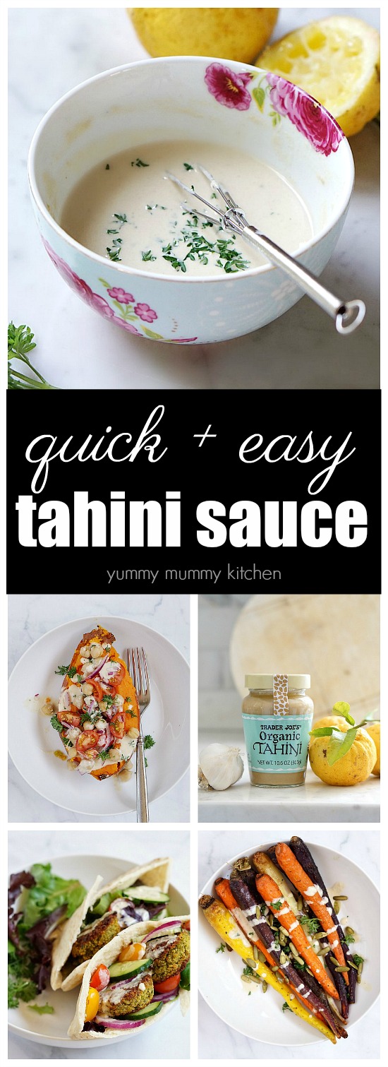 Tahini sauce This simple tahini sauce recipe is naturally vegan, gluten free, and has no added oil. It ads delicious flavor to vegetables, wraps, and falafel pitas.