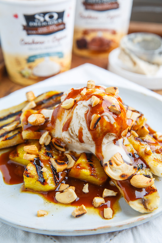 Grilled Pineapple and Banana Sundaes with Caramel Sauce and Cashews Grilled Pineapple and Banana Sundaes with Caramel Sauce and Cashews