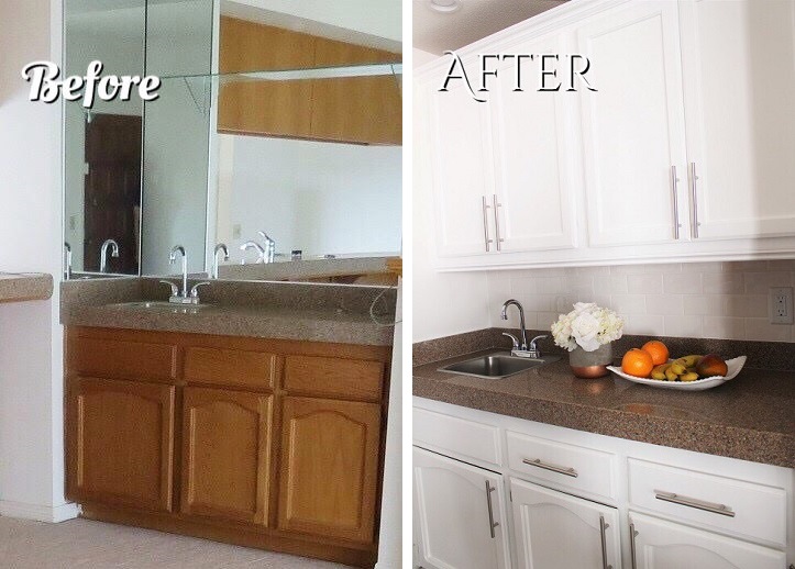 before and after wet bar renovation - install backsplash tiles