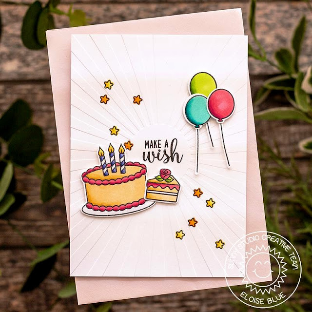 Sunny Studio Stamps: Make A Wish Sunburst Embossing Folder Happy Birthday Card by Eloise Blue