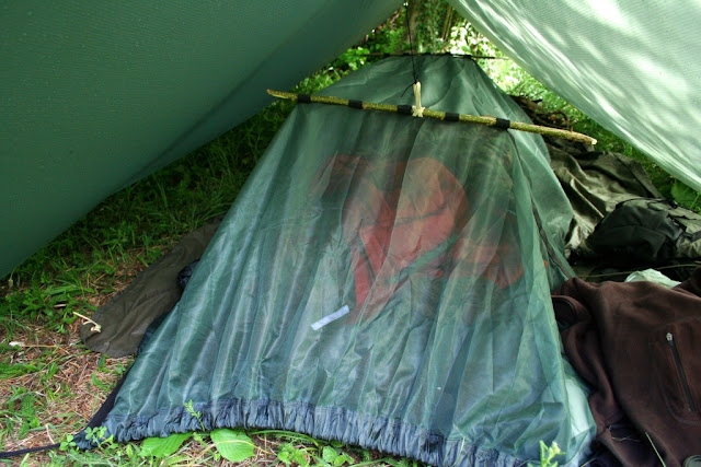 under the tarp, the hammock on the ground with the mosquito net up