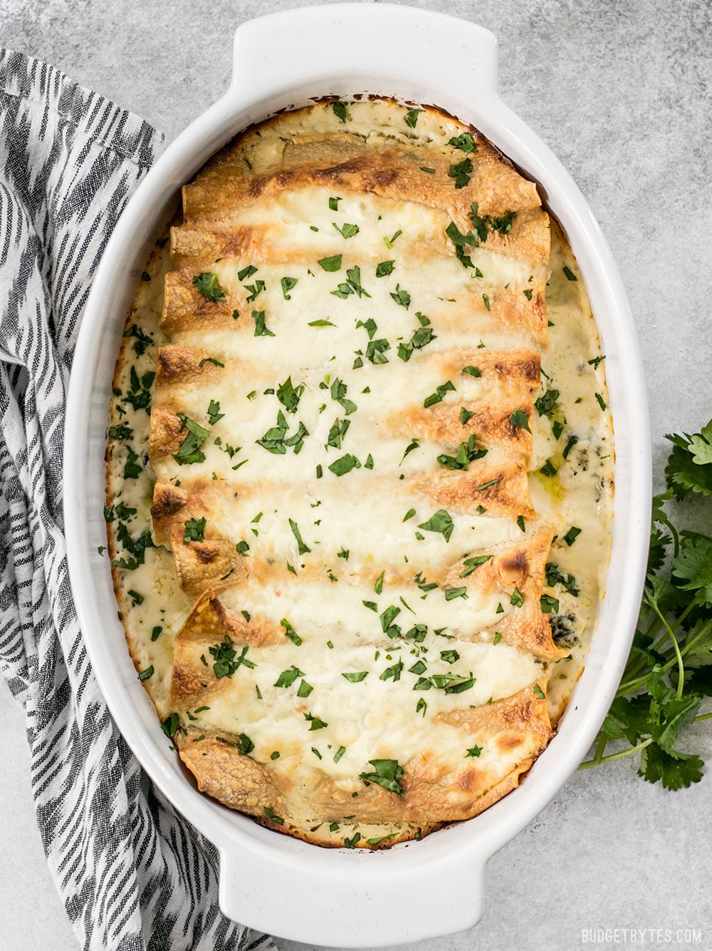 SPINACH WHITE BEAN ENCHILADAS WITH PEPPER JACK SAUCE