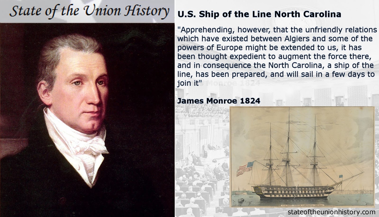 State of the Union History 1824 James Monroe U.S. Ship of the Line North Carolina