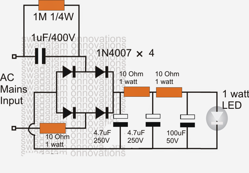 Simplest 1 Watt LED Driver Circuit at 220V/110V Mains Voltage