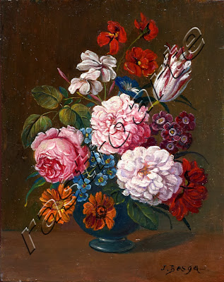 Conjunto de crisantemos, rosa, tulipan y varias flores en un florero de  ceramica negra vidriada