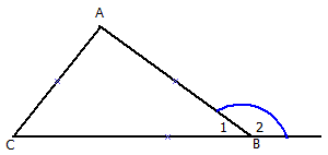 משולש ABC שבו שלשה זוויות פנימיות A, B1, C וזוית חיצונית B2 הצמודה לזווית B1
