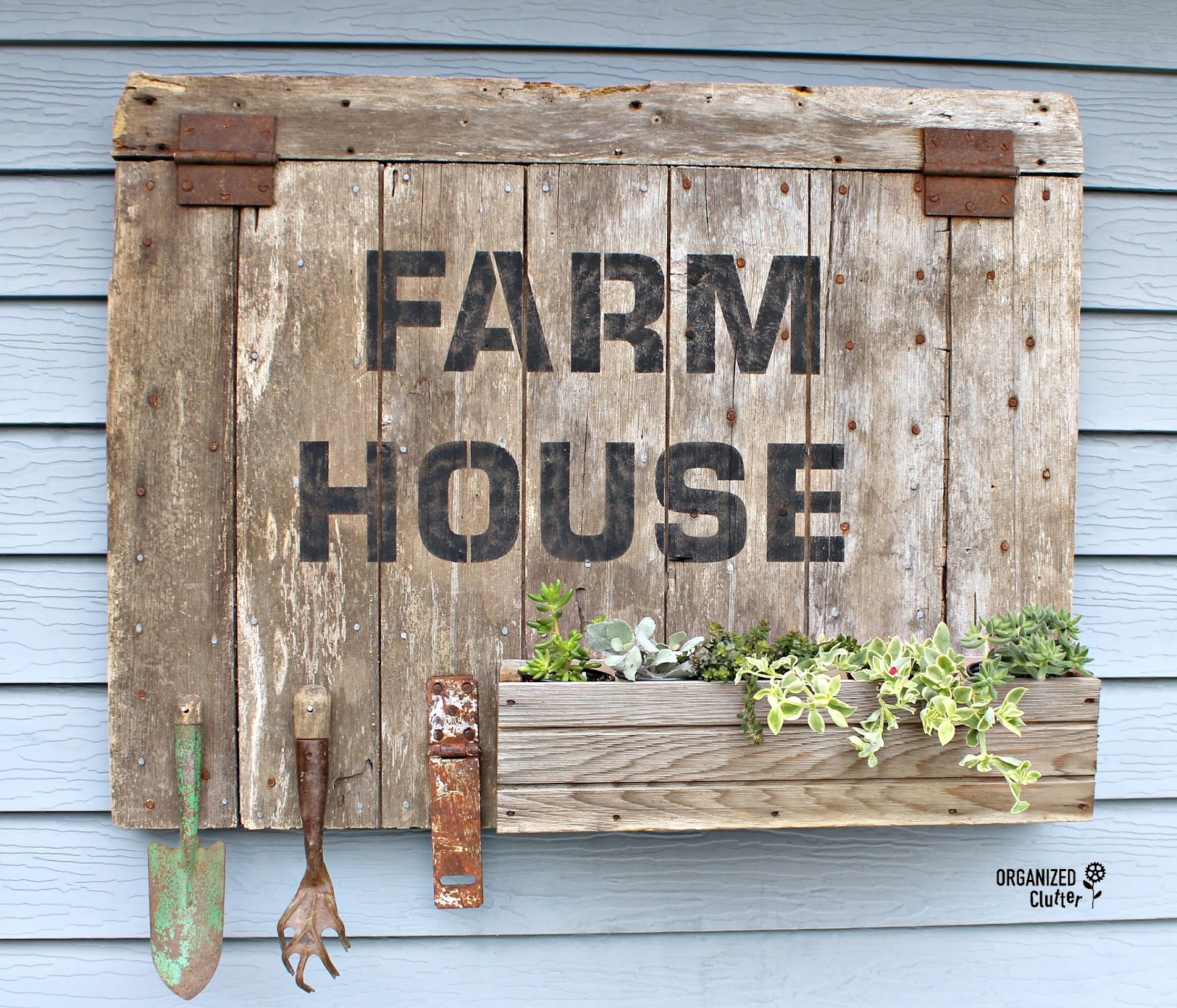 Outdoor "Farmhouse" Barn Door Sign/Planter Box with Old Sign Stencils