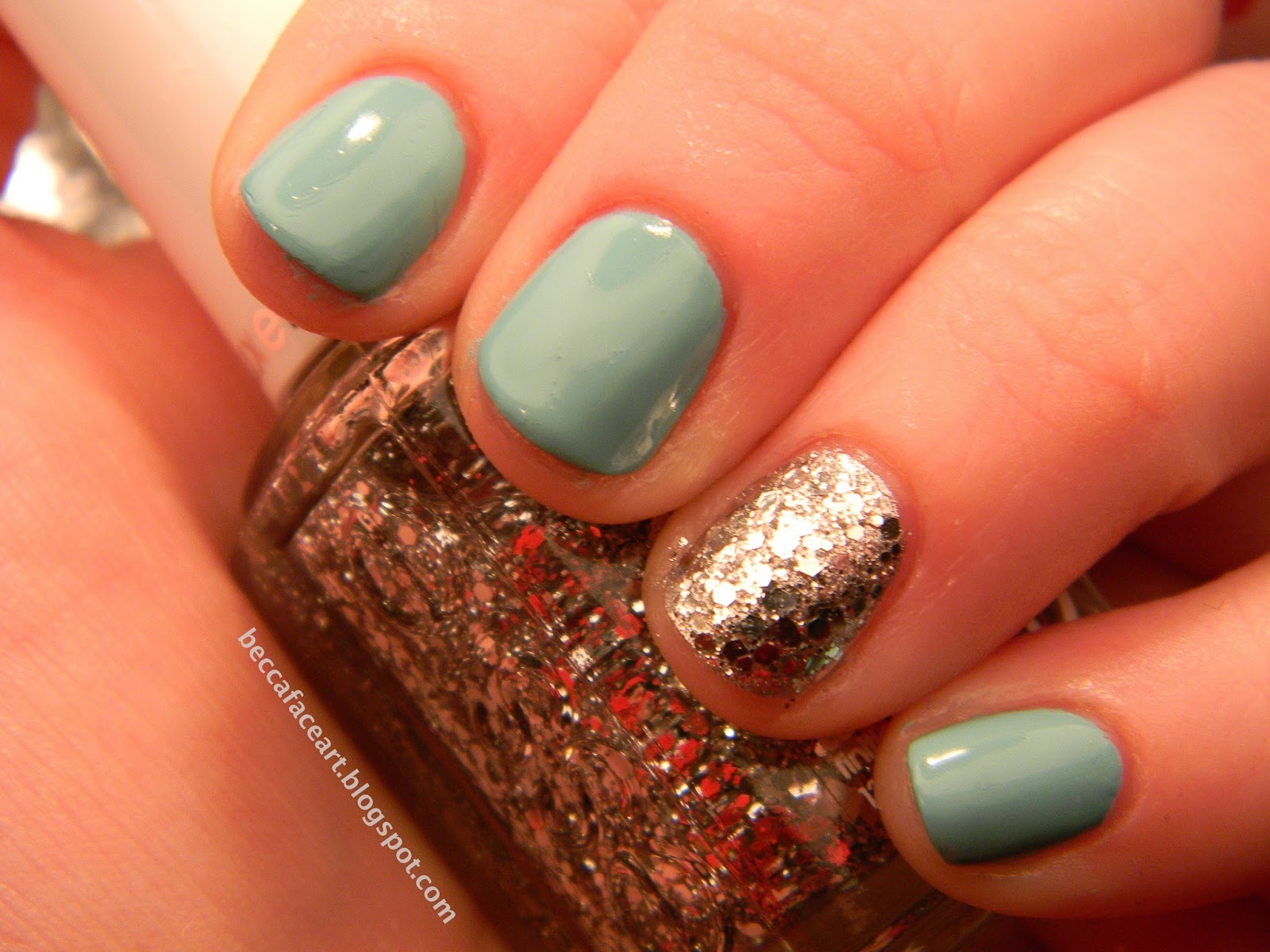 Becca Face Nail Art: Turquoise and Silver Glitter Nails