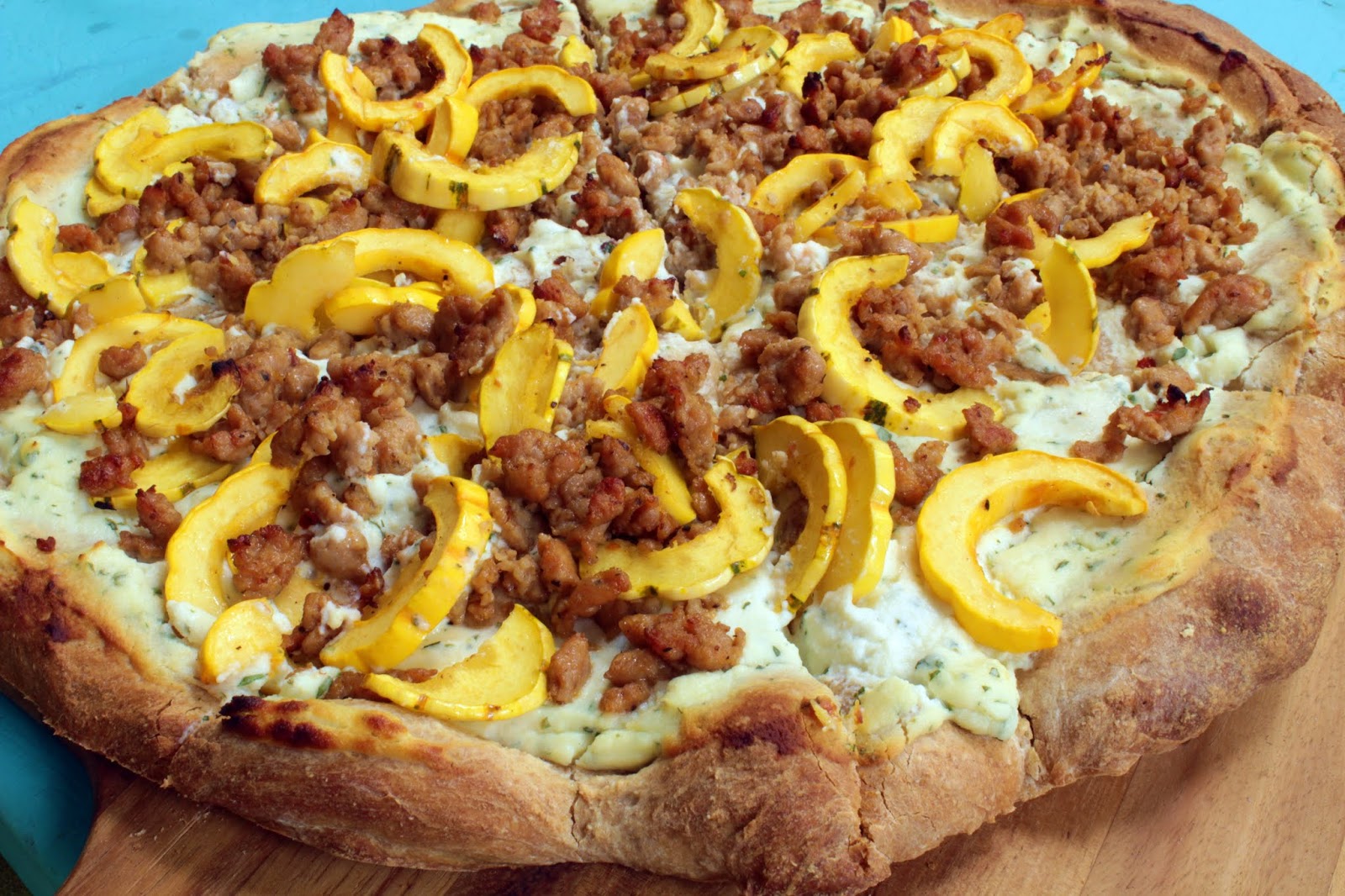 Sauce not necessary (Delicata Squash and Sausage Pizza with Ricotta and