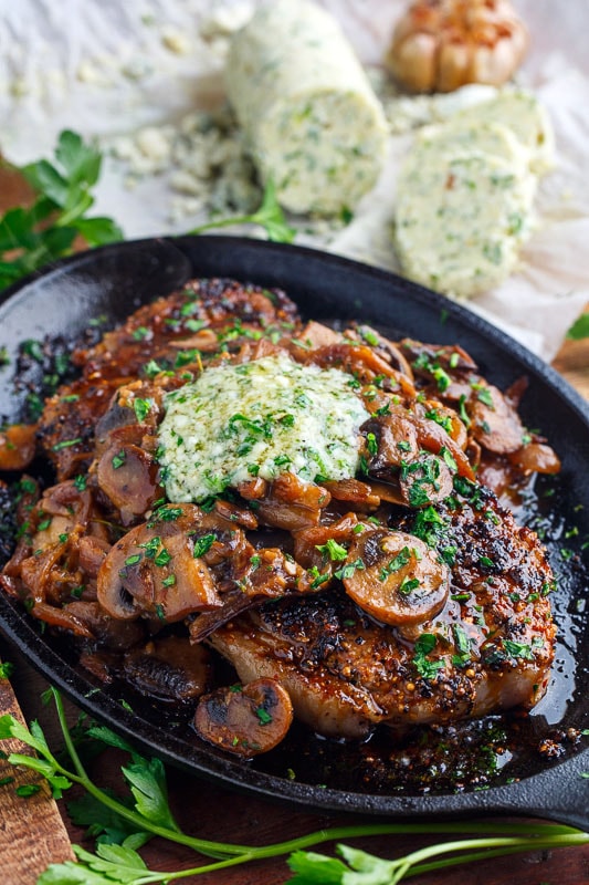 Pan Seared Steaks with Sauteed Mushrooms and Roasted Garlic Gorgonzola Butter Pan Seared Steaks with Sauteed Mushrooms and Roasted Garlic Gorgonzola Butter